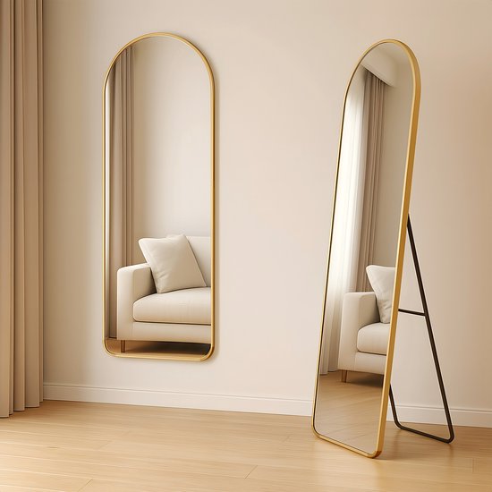 Miroir Fraay 160 x 55 cm - À poser ou à accrocher - Verre trempé - Miroir mural minimaliste - Miroir sur pied - Doré