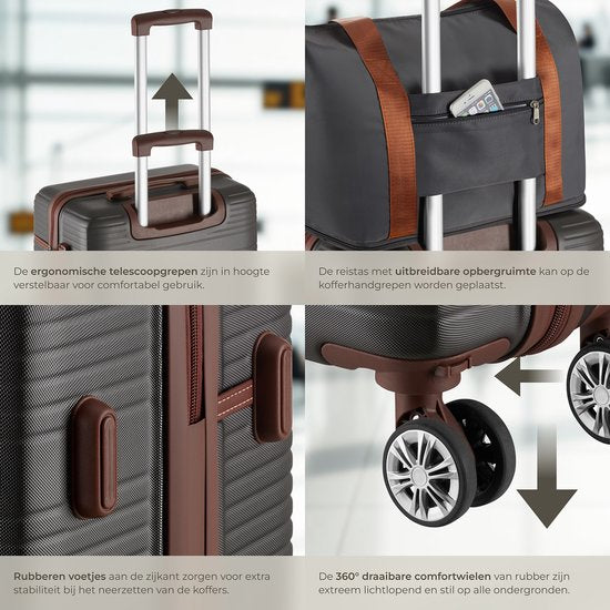 tectake® Set de valises - Set de voyage 13 pièces - Valises - Set de valises - Set de bagages Comprend une valise à main, une valise spacieuse, une trousse de voyage, une trousse de toilette, une trousse d'accessoires - Trolley avec serrure TSA - Anthraci