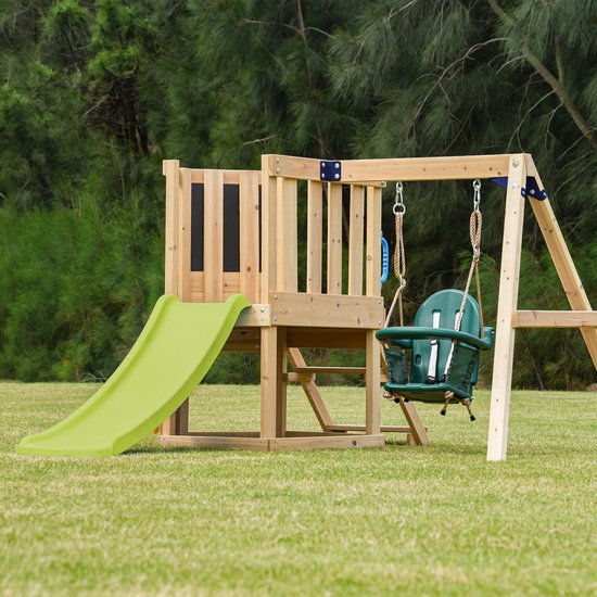 Structure de jeux AXI Timo Mini avec balançoire pour bébés, mur d'escalade et tableau noir – Toboggan rouge – Bois certifié FSC – Petite structure de jeux pour le jardin / l'extérieur