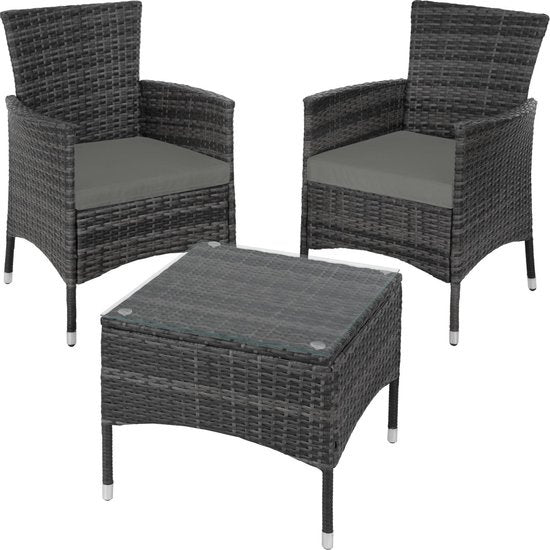 tectake® - set de jardin en osier avec housses interchangeables, 2 chaises et table avec plateau en verre, 2x chaises longues d'extérieur avec accoudoirs et table de jardin, set de jardin, meuble de balcon - - gris - poly-rattan