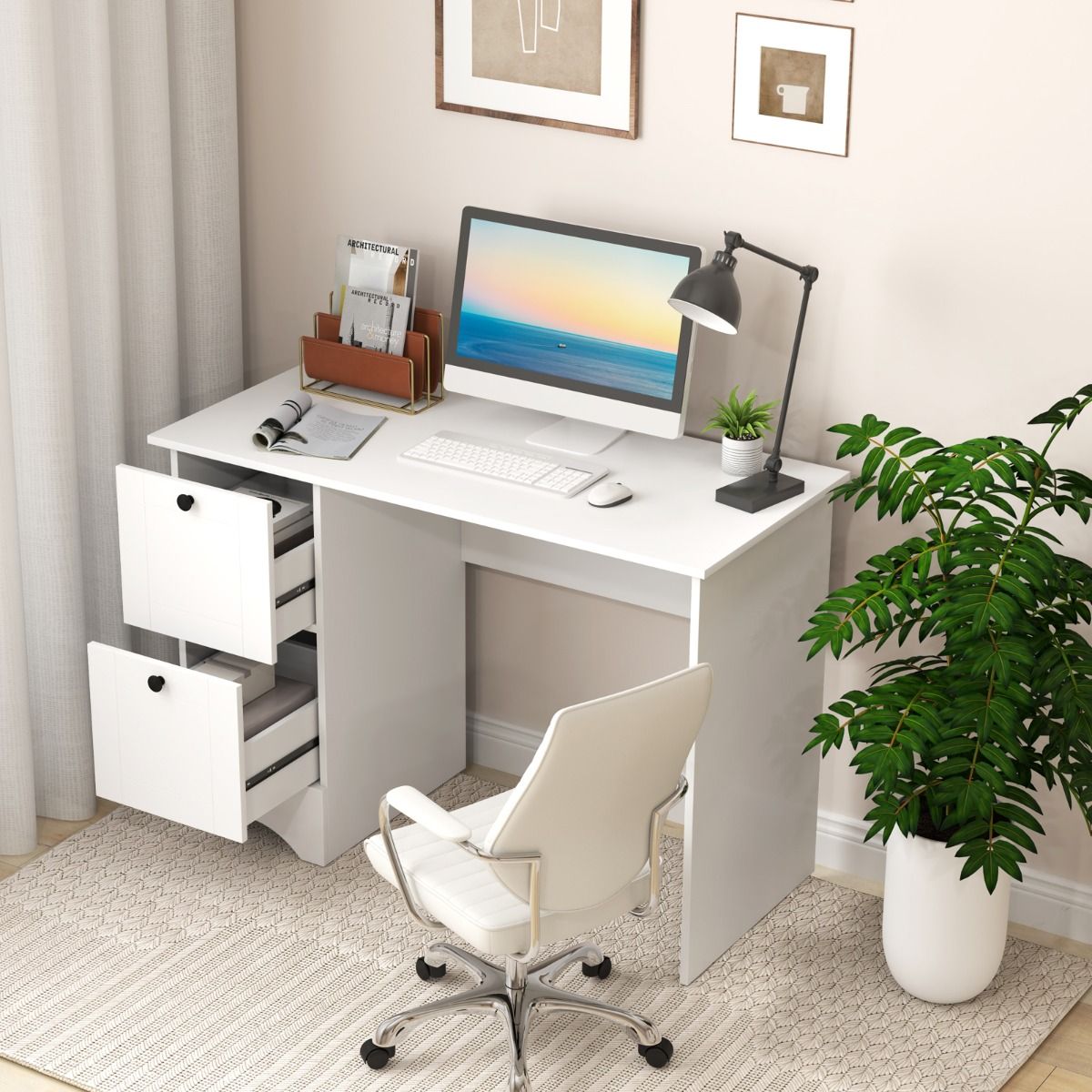 Coast Desk avec 2 tiroirs - Blanc - 109 x 50 x 75 cm - Bureau moderne pour enfants et table d'ordinateur pour la maison et le bureau
