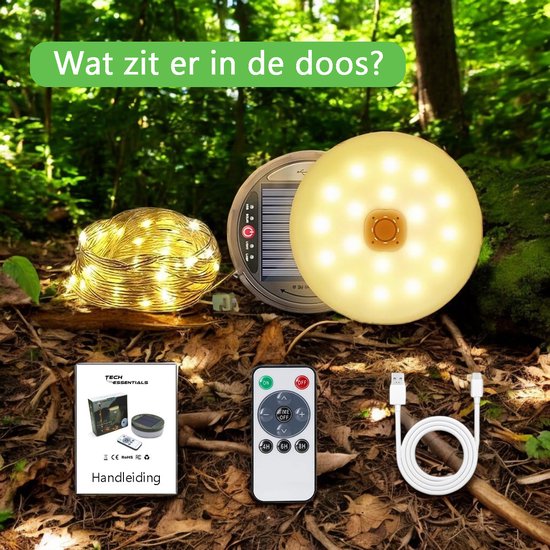 Tech Essentials String Solar Camping Light - 100LEDs - 10M - Warm-White Light - Tent Light - USB Rechargeable - With Remote Control - Retractable - Camping Light - Solar Pendant Light - Emergency