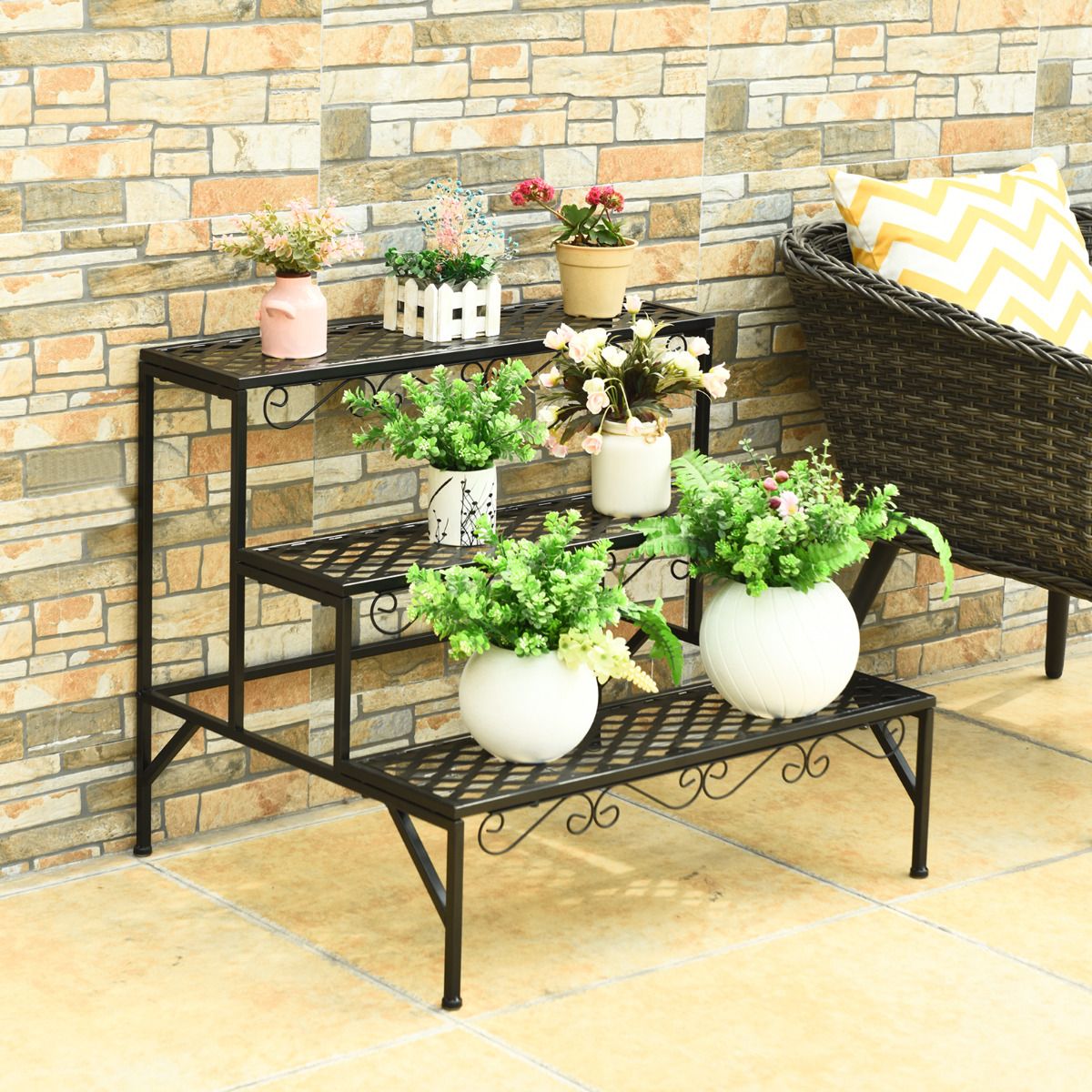 Étagère à plantes Coast à trois niveaux - Support à fleurs en métal - Étagère à plantes sur pied - Noir - 70 x 60 x 60,5 cm