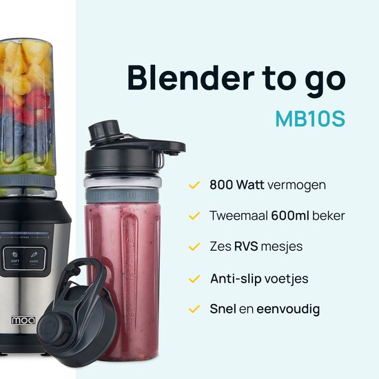 MOA Blender To Go - Smoothie Maker avec 2 gobelets en Tritan de 600ml - Mini Blender - 800W - acier inoxydable - Silver