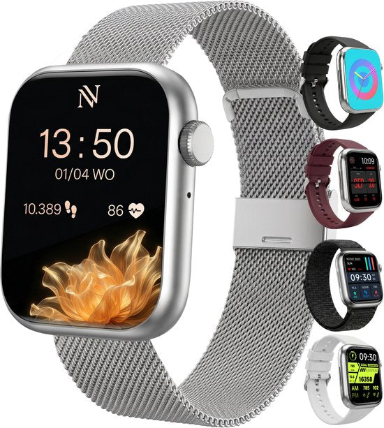 Montre connectée Nuvance pour femme - Montre connectée pour homme - Montre podomètre pour femme - Cardiofréquencemètre - Montre de sport - Compatible iOS/Android - Écran AMOLED - 5 bracelets inclus - Argent