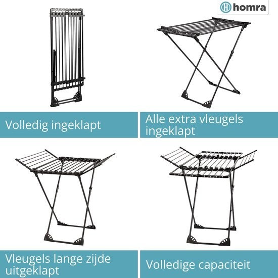 Homra étendoir à linge pliable - jusqu'à 22m de lavage - étendoir à linge pliable - étendoir à linge peu encombrant - étendoir à linge - séchage écologique du linge - 182x97x103 CM - métal noir - convient aux familles nombreuses