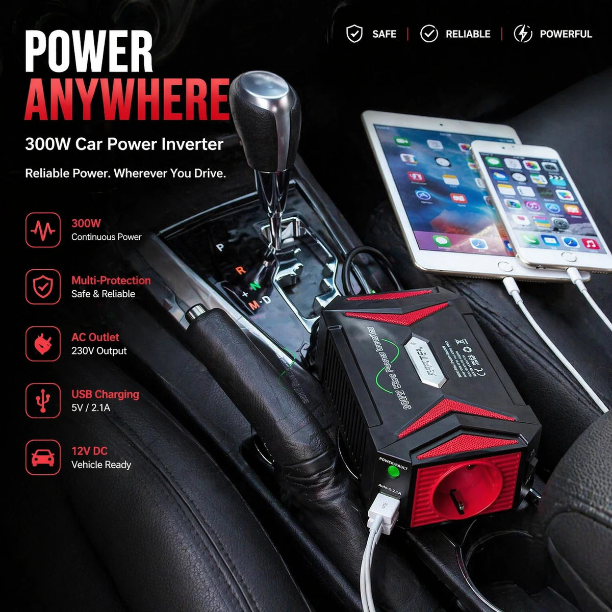 BESTEK Convertisseur à onde sinusoïdale pure - 12 V à 230 V - 300 W - Rouge