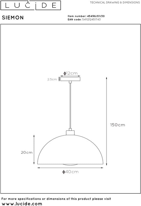 Lucide SIEMON - Suspension - Ø 40 cm - 1xE27 - Noir