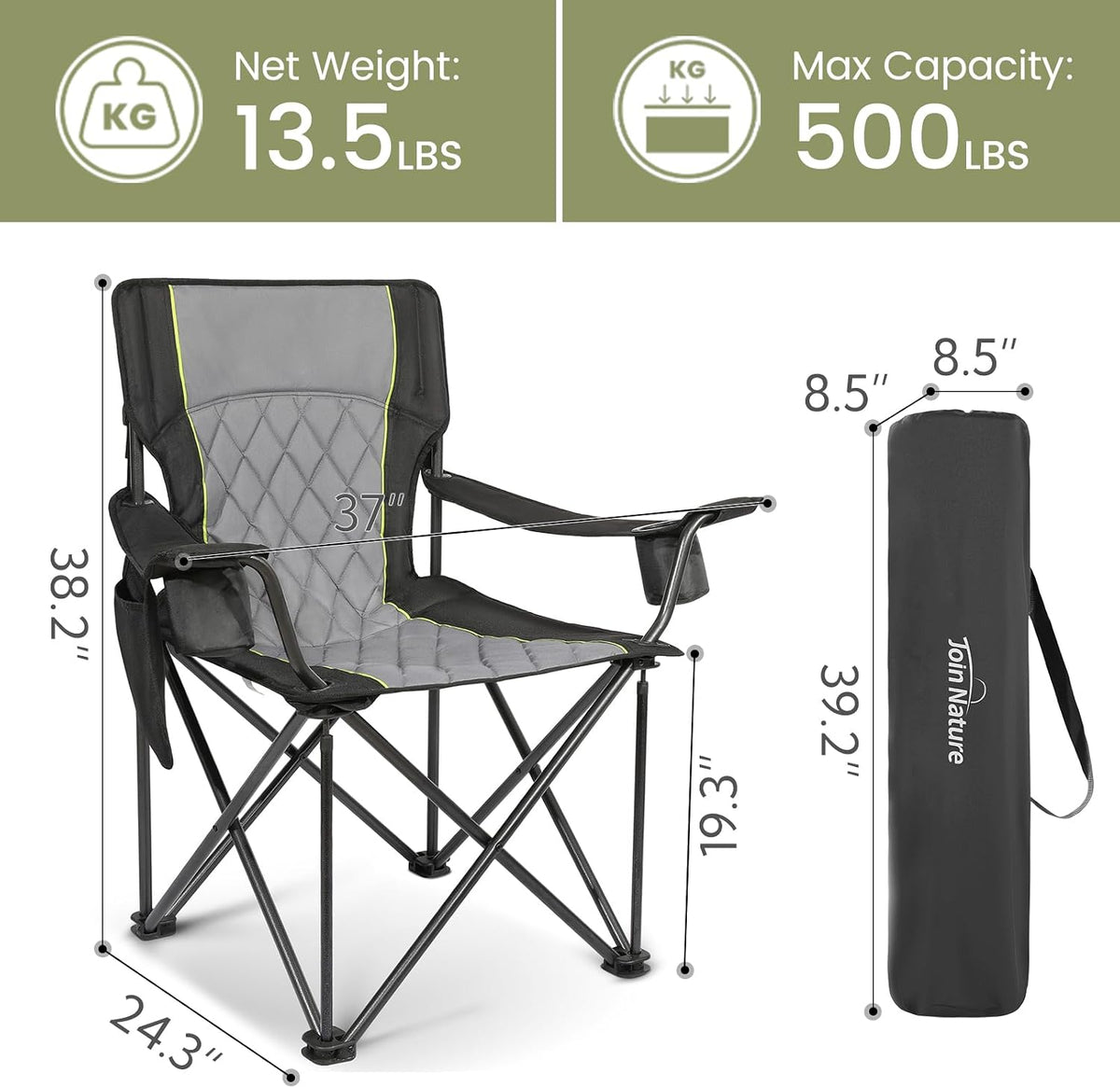 Chaise de camping pliable Join Nature - Noire - 56 x 94 x 97 cm - Capacité de charge maximale : 227 kg