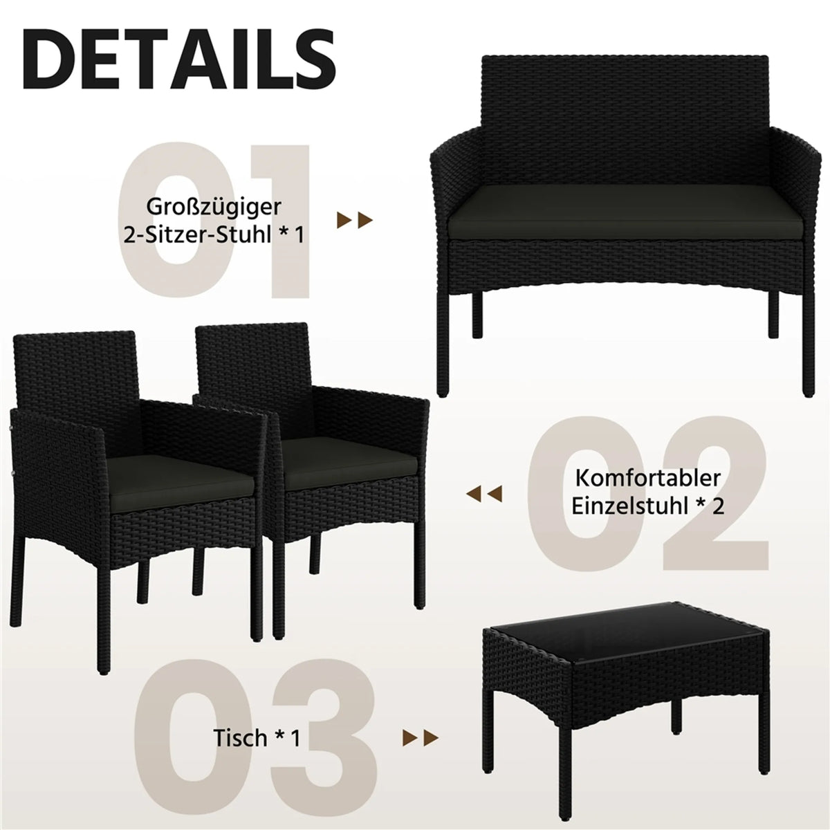 Yaheetech Garden Set Lounge Set 4-Piece - 100 x 59.5 x 83.5 cm - Equipé d'un plateau de table en PE-Rattan tressé à la main et de coussins lavables - Pour le jardin et le balcon - Polyéthylène noir et métal