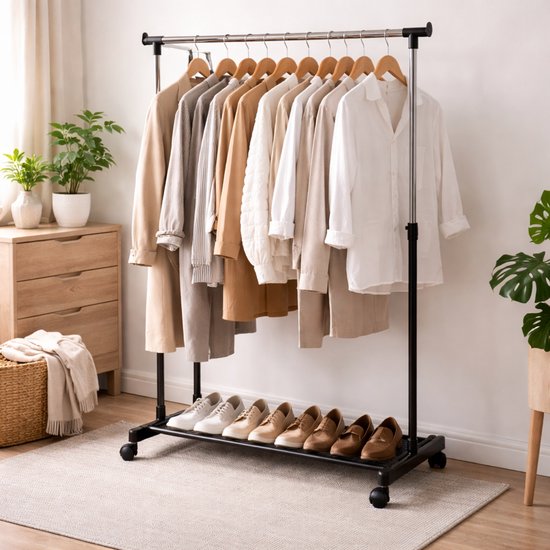 Porte-vêtements mobile Alpina - Porte-vêtements 75 x 42 x 93-158 cm - Hauteur réglable - Avec étagère à chaussures - Argent/Noir