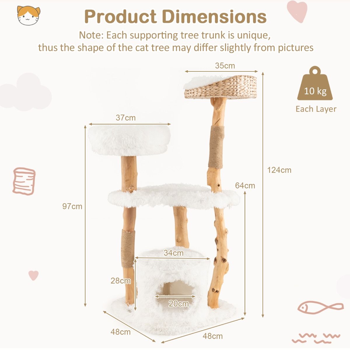 Arbre à chat Coast - Bois massif et jute - 5 niveaux - Naturel et blanc - 124 cm