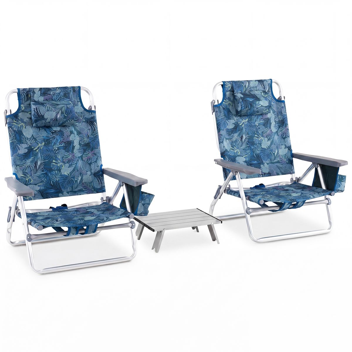 Ensemble de chaises de plage et de table Coast - Réglables sur 5 positions - Pliables - Bleu - Lot de 2 chaises de plage et d'une table