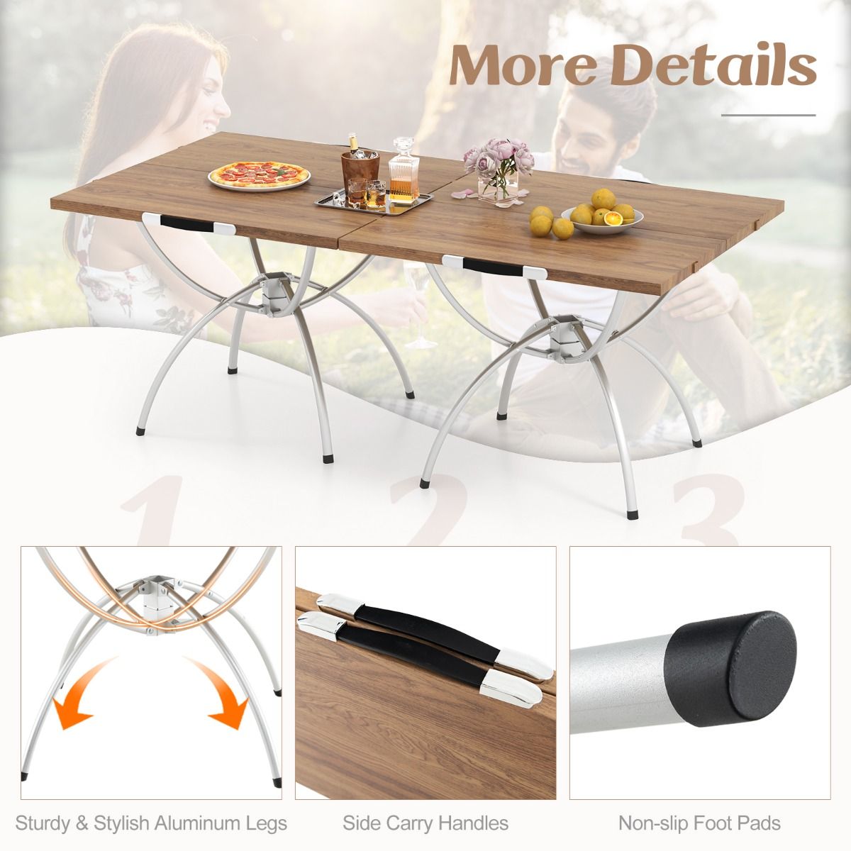 Ensemble de table de camping pliable Coast - Extensible - Aluminium léger - Plateau imitation bois - Couleurs café et argent