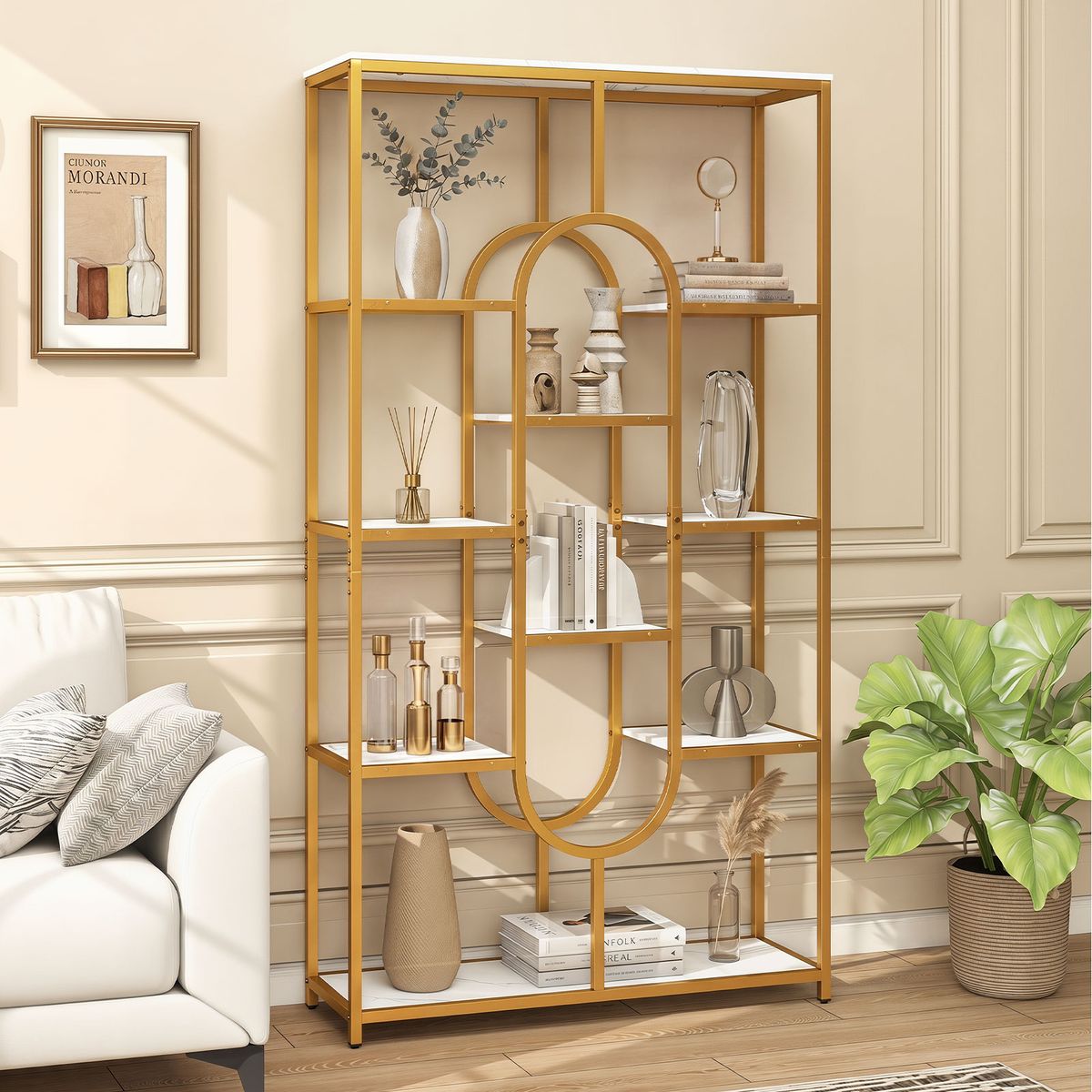 Bibliothèque Coast sur pied - Étagère ouverte à 5 niveaux - Design géométrique - Blanc et or - 95 x 30 x 175 cm