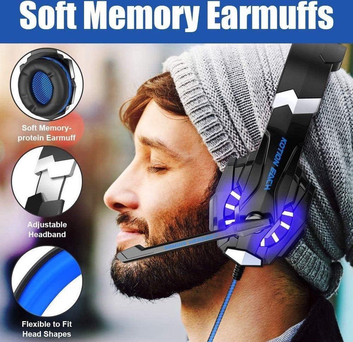 KOTION Casque de jeu EACH G9000 - PS4, ordinateurs portables - Noir/Bleu