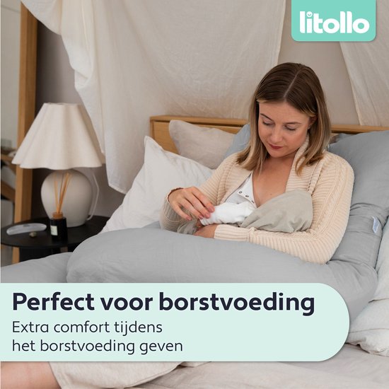 Oreiller de grossesse Litollo® XXL | Oreiller d'allaitement | Oreiller de corps | 280 cm | Tissu polaire doux | Housse amovible | Gris
