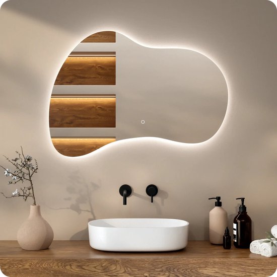 Miroir de salle de bains Mirlux avec éclairage LED et chauffage – Miroir mural asymétrique – Miroir de douche anti-buée – Sans cadre – 100 x 70 cm