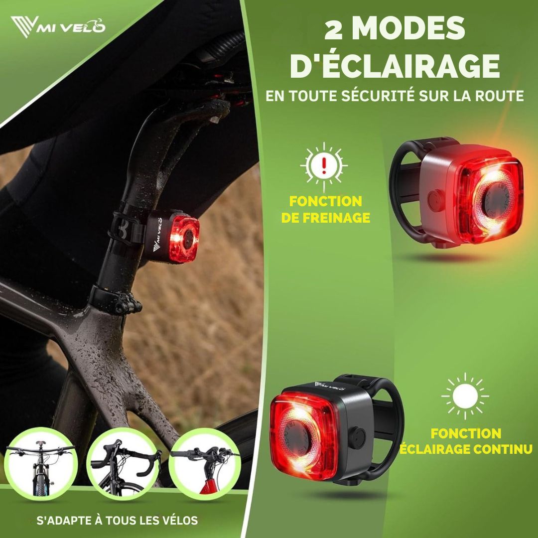 Ensemble de feux de vélo avec indicateur de freinage MIVELO - Feu de vélo LED homologué StVZO et étanche IPX5 - rechargeable via USB -  avec batterie rechargeable - noir