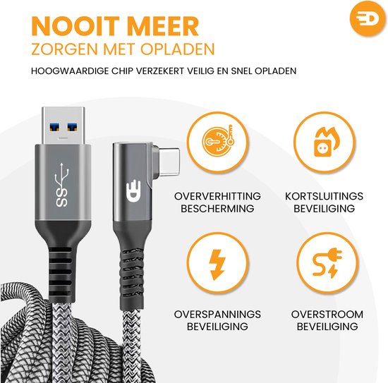 Drivv. Câble USB vers USB C - Angulaire - Modèle 2024 - Câble de données et de charge USB C - Charge rapide / charge rapide - 3 mètres - Convient à iPhone 15, Samsung et autres, entre autres - Gris