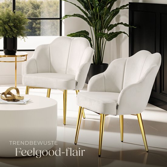 tectake® Chaise cocktail - Revêtement en velours - Rembourrage souple - Dossier incurvé - Pieds en acier revêtus de poudre - Crème/Dorée
