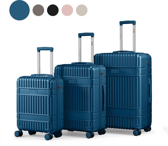 Ensemble de valises SKYCASES - Classic Heritage – 3 pièces – Valises cabine et en soute – 36 L/63 L/100 L – Serrure TSA – Roulettes silencieuses à 360° – Légères – Trolley – Bleu foncé