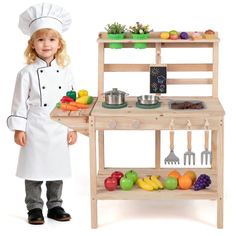 Cuisine jouet en bois Coast pour enfants - avec cuisinière et évier - tableau noir et pots de fleurs - couleur naturelle