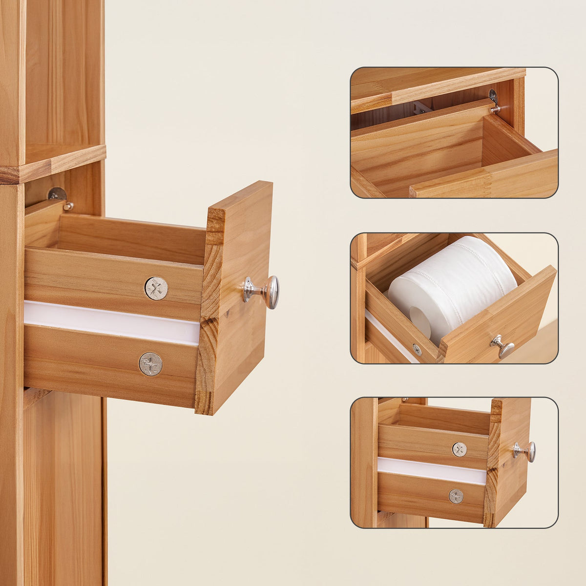 SoBuy BZR34-II-SH Grand meuble de salle de bain étroit - couleur bois - 20 x 20 x 180 cm - autoportant, en bois massif résistant à l'eau, avec étagères et tiroirs réglables