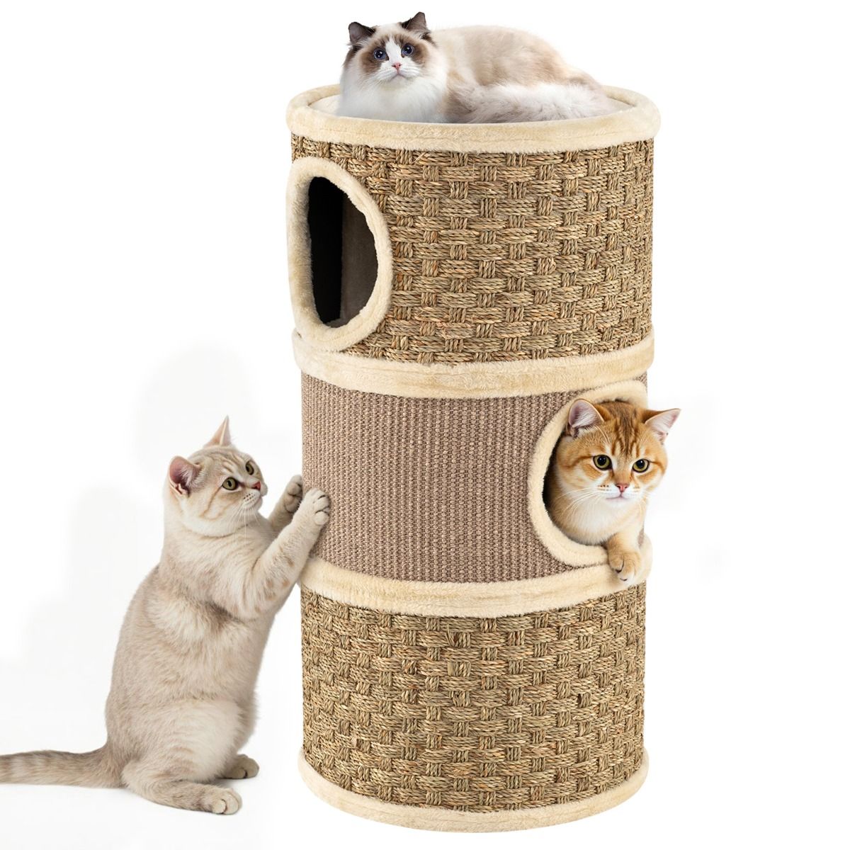 Tour pour chats Coast à 3 étages - poteau à griffer en sisal - coins de repos douillets - kaki et marron - 36 x 36 x 70 cm