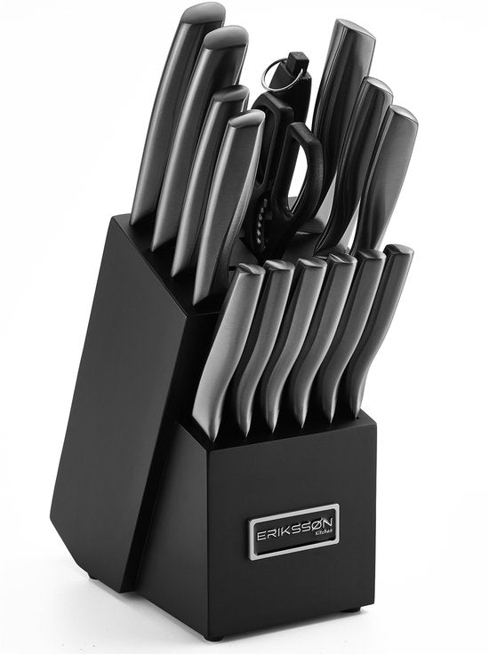 Set de couteaux de cuisine Erikssøn avec bloc de cuisine - 16 pièces - résistant aux rayures - couteaux de cuisine - couteau de chef - couteau à viande - noir