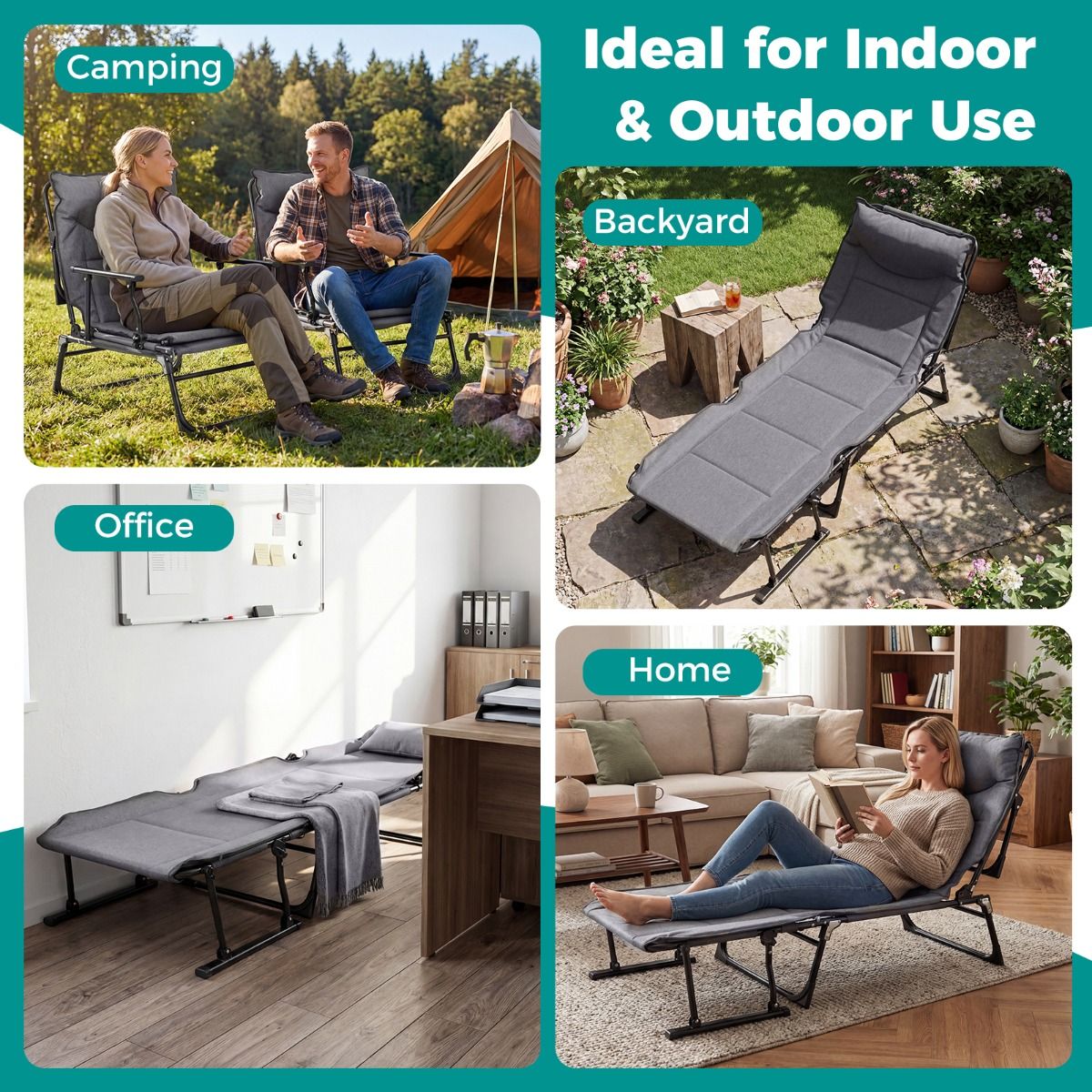 Lit de camping pliable Coast 3-en-1 – Chaise longue réglable – Avec appui-tête – Gris et noir