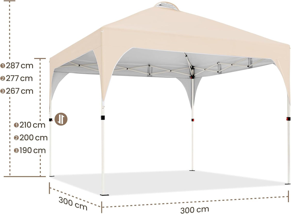 Pavillon pliable Yaheetech 3 x 3 m – Hydrofuge, réglable en hauteur – BeigePavillon pliable Yaheetech 3 x 3 m – Hydrofuge, réglable en hauteur – Beige