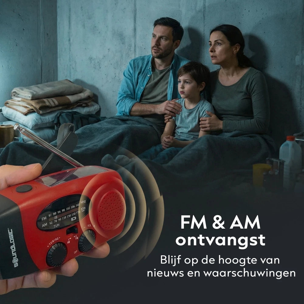 Radio d'urgence Soundlogic à énergie solaire et à remontage manuel - Batterie externe 2 000 mAh, lampe de poche et fonction SOS - Rouge - 13 × 4,7 × 6,6 cm