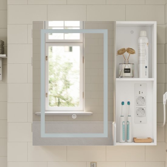 Armoire de salle de bains avec miroir SoBuy et éclairage LED – 2 prises électriques et port USB – 60 x 15,5 x 60 cm – Blanc