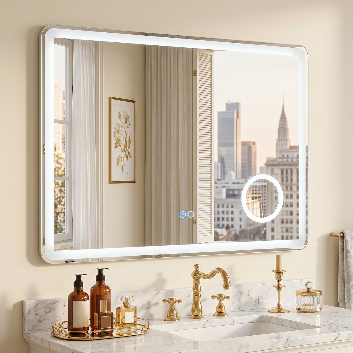 Miroir de salle de bains Coast à LED - miroir grossissant 3x intégré - éclairage à intensité variable - 80 x 60 cm - argent