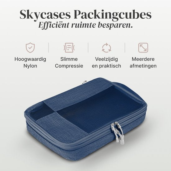 Skycases Travel Essentials Packing Cubes - Lot de 6 pièces - Organisateurs de compression de luxe en nylon de haute qualité - Peu encombrant et durable - Idéal pour le voyage - Bleu foncé