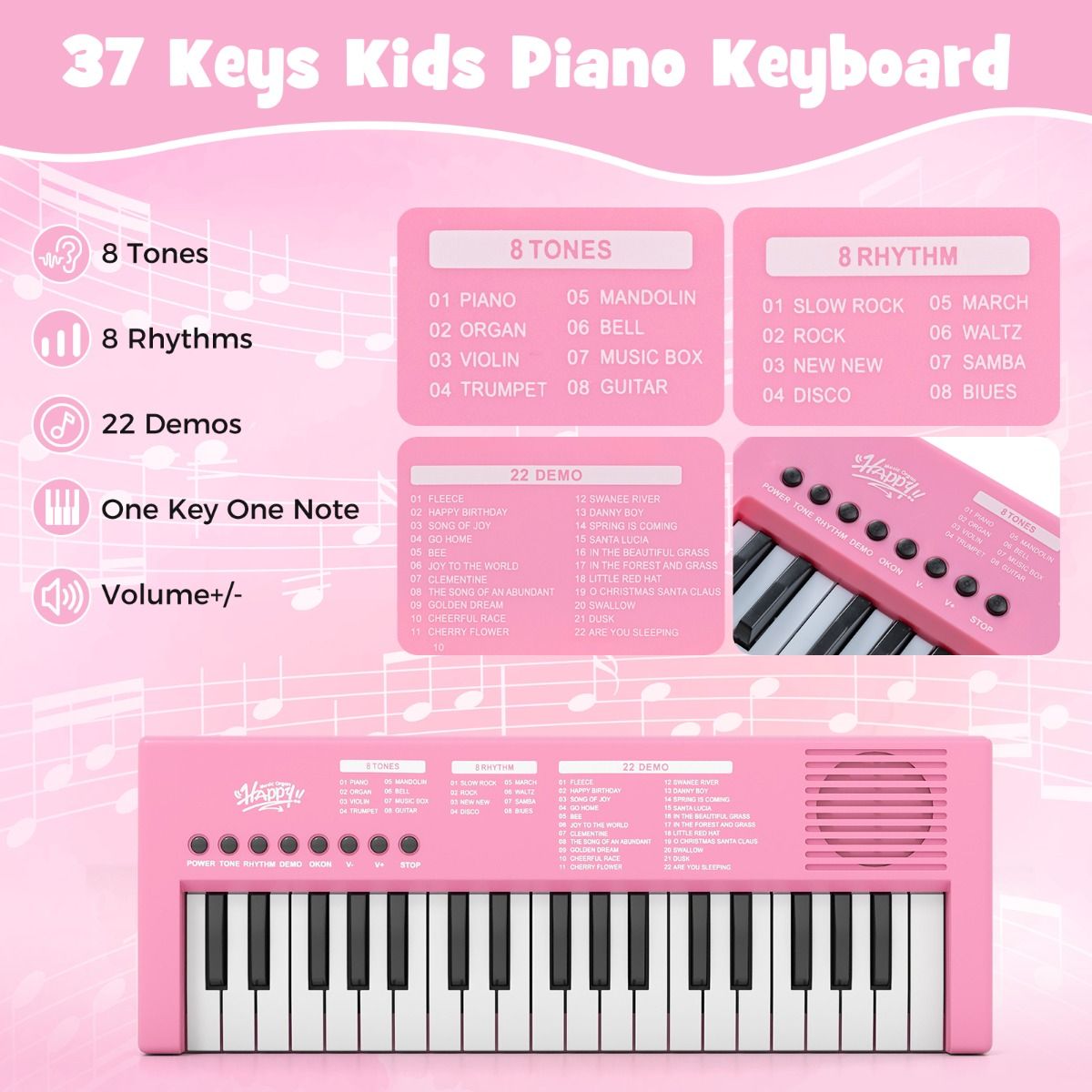 Clavier pour enfants Coast - Piano électronique à 37 touches - 8 rythmes - 8 sonorités - Noir / Rose