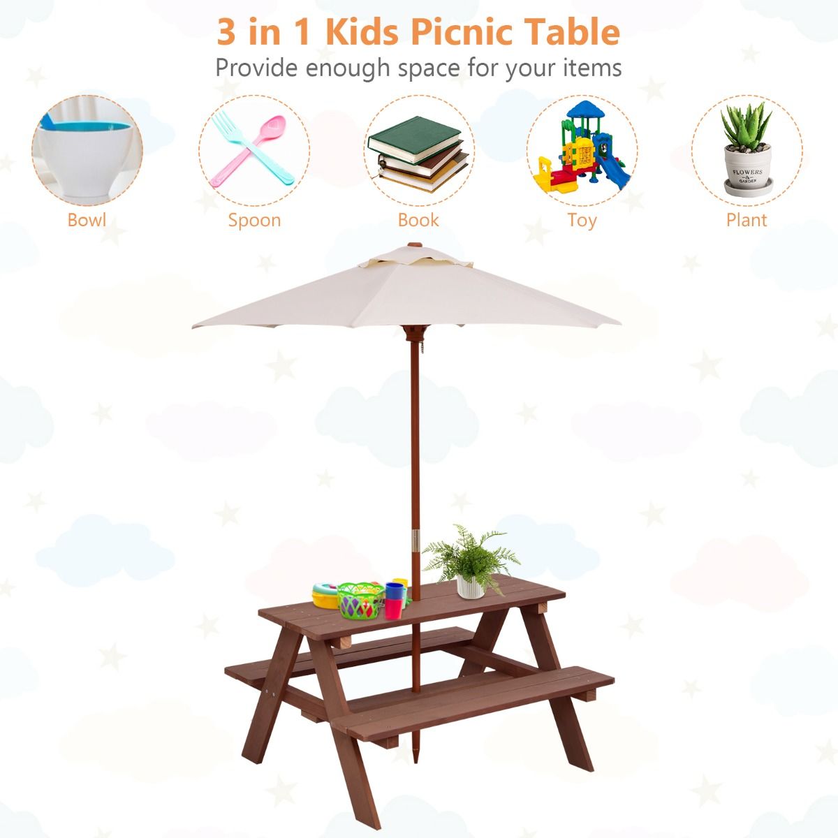 Table de pique-nique pour enfants Coast - Table d'extérieur 3-en-1 avec parasol amovible - bancs en bois - couleur noyer