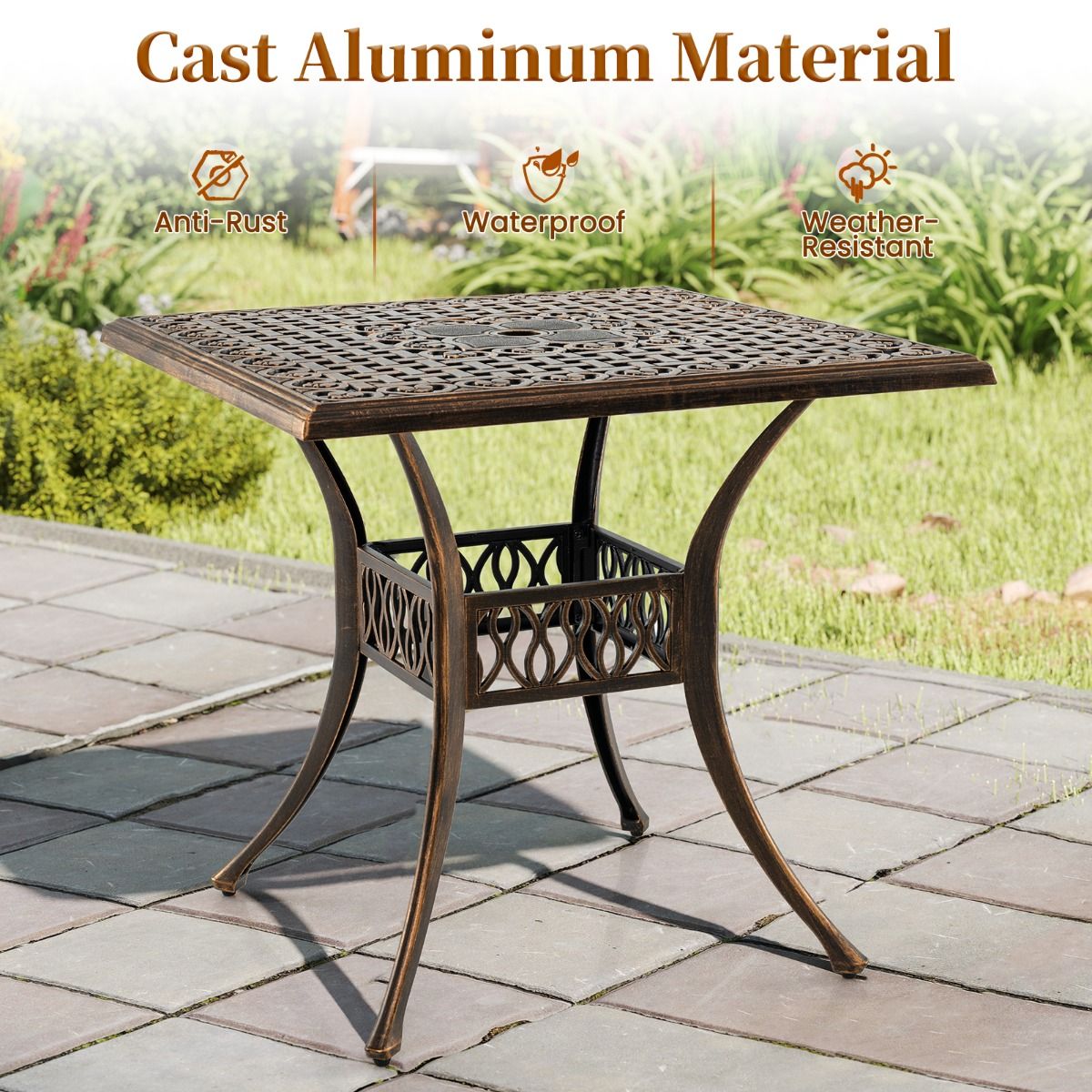 Table de terrasse carrée Coast - Aluminium moulé - Trou pour parasol de 4,8 cm - Bronze - 80 x 80 x 75 cm