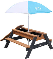 Table de pique-nique AXI Nick Zand & Water, couleur anthracite/marron - Avec parasol bleu/blanc - Table de pique-nique multifonctionnelle en bois certifié FSC - Table de pique-nique en bois pour enfants