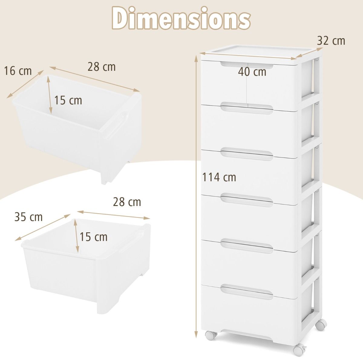 Armoire de rangement Coast à 7 tiroirs - Sur roulettes - Montage sans outils - Blanche