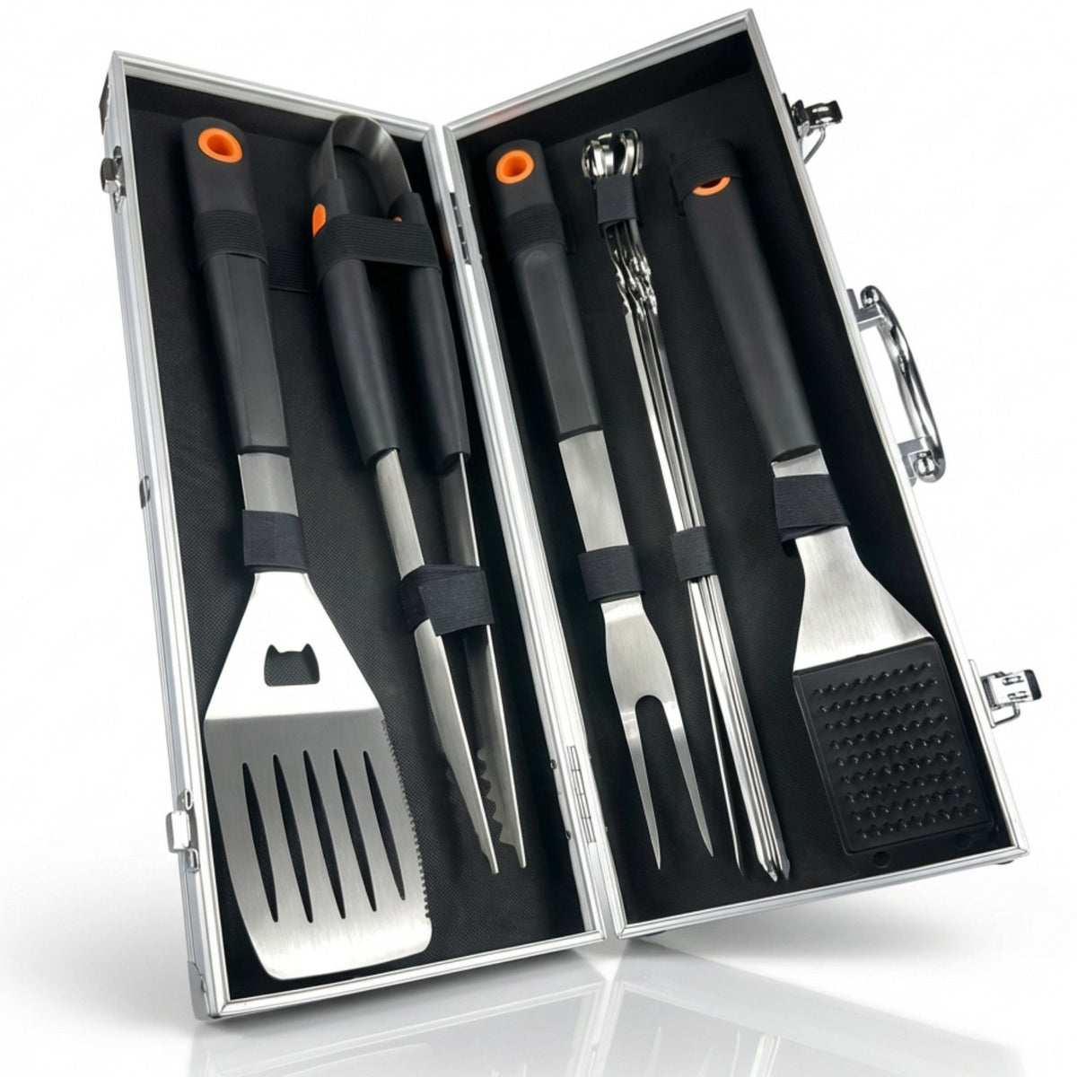 Ensemble d'ustensiles de barbecue Curry Master dans un coffret en aluminium - Acier inoxydable avec 6 brochettes - 43 x 17 x 8 cm