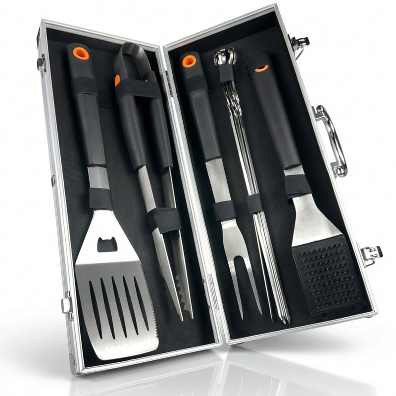 Ensemble d'ustensiles de barbecue Curry Master dans un coffret en aluminium - Acier inoxydable avec 6 brochettes - 43 x 17 x 8 cm