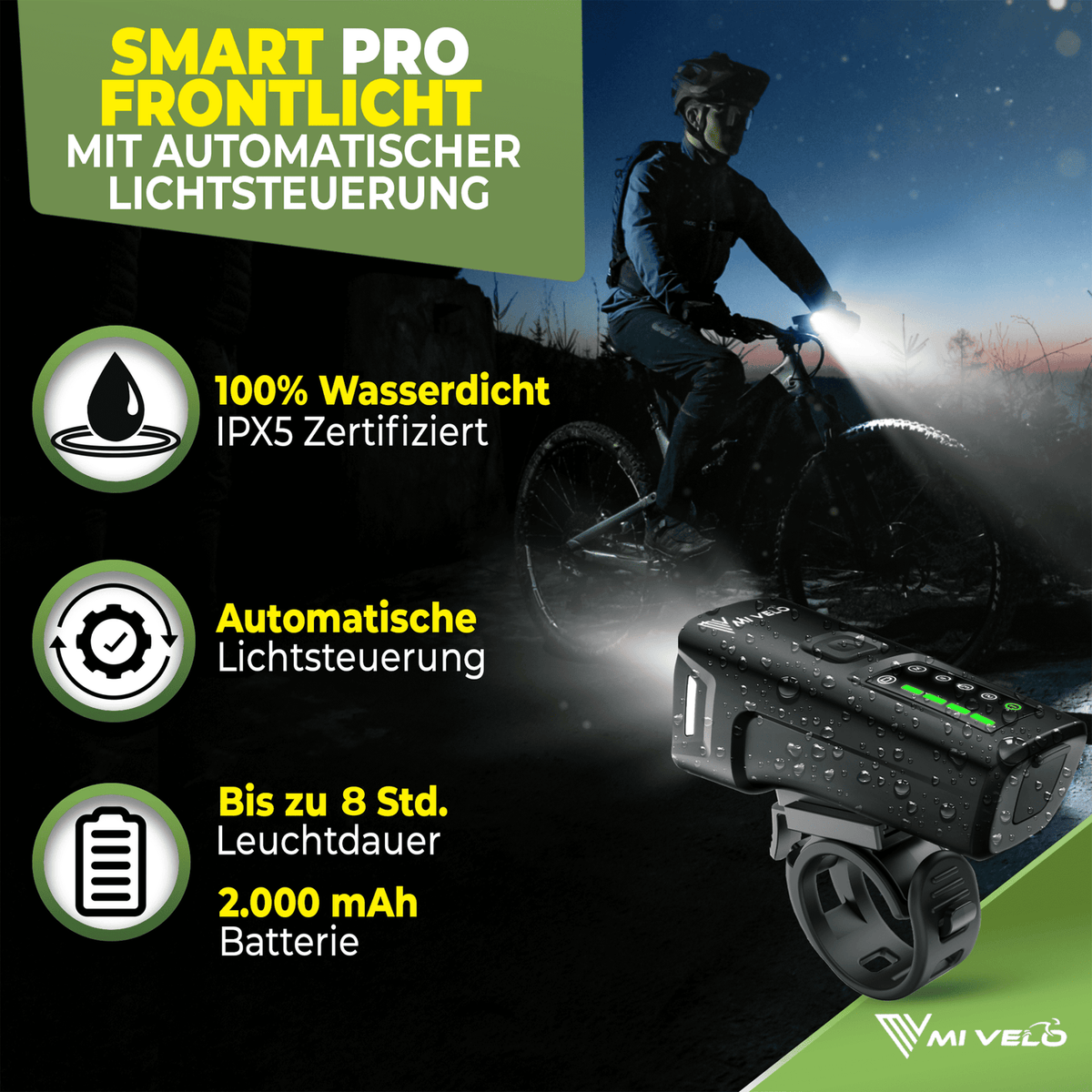 Mivelo Bicycle Light Set - StVZO approved - USB rechargeable - 100% waterproof - LED front and rear light - With brake light function (SMART PRO)