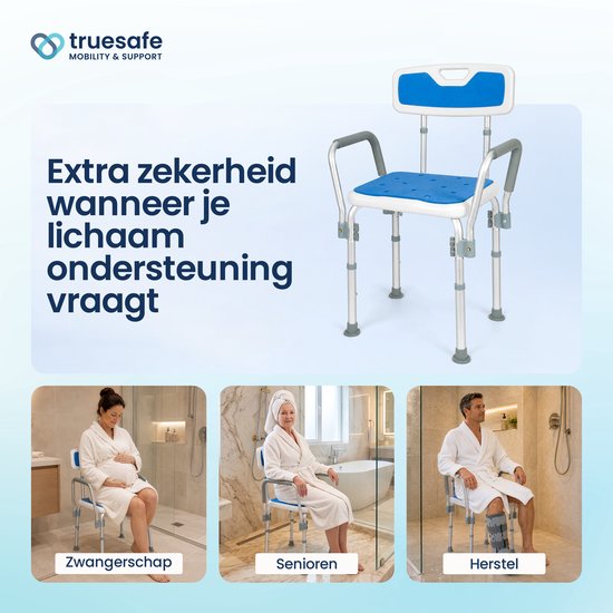 Chaise de douche Truesafe avec dossier et accoudoirs amovibles - Tabouret de douche - Chaise de salle de bain - Antidérapante - Hauteur réglable - Max. 130 kg + sac de douche