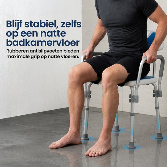 Chaise de douche Truesafe avec dossier et accoudoirs amovibles - Tabouret de douche - Chaise de salle de bain - Antidérapante - Hauteur réglable - Max. 130 kg + sac de douche