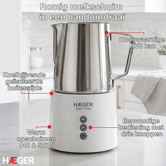 Mousseur à lait électrique Haeger Super Foam - Sans BPA ni PFAS - Fonction de maintien au chaud et revêtement antiadhésif - 250 ml - 600 W - Mousseur à lait pratique - Batteur à lait - Blanc