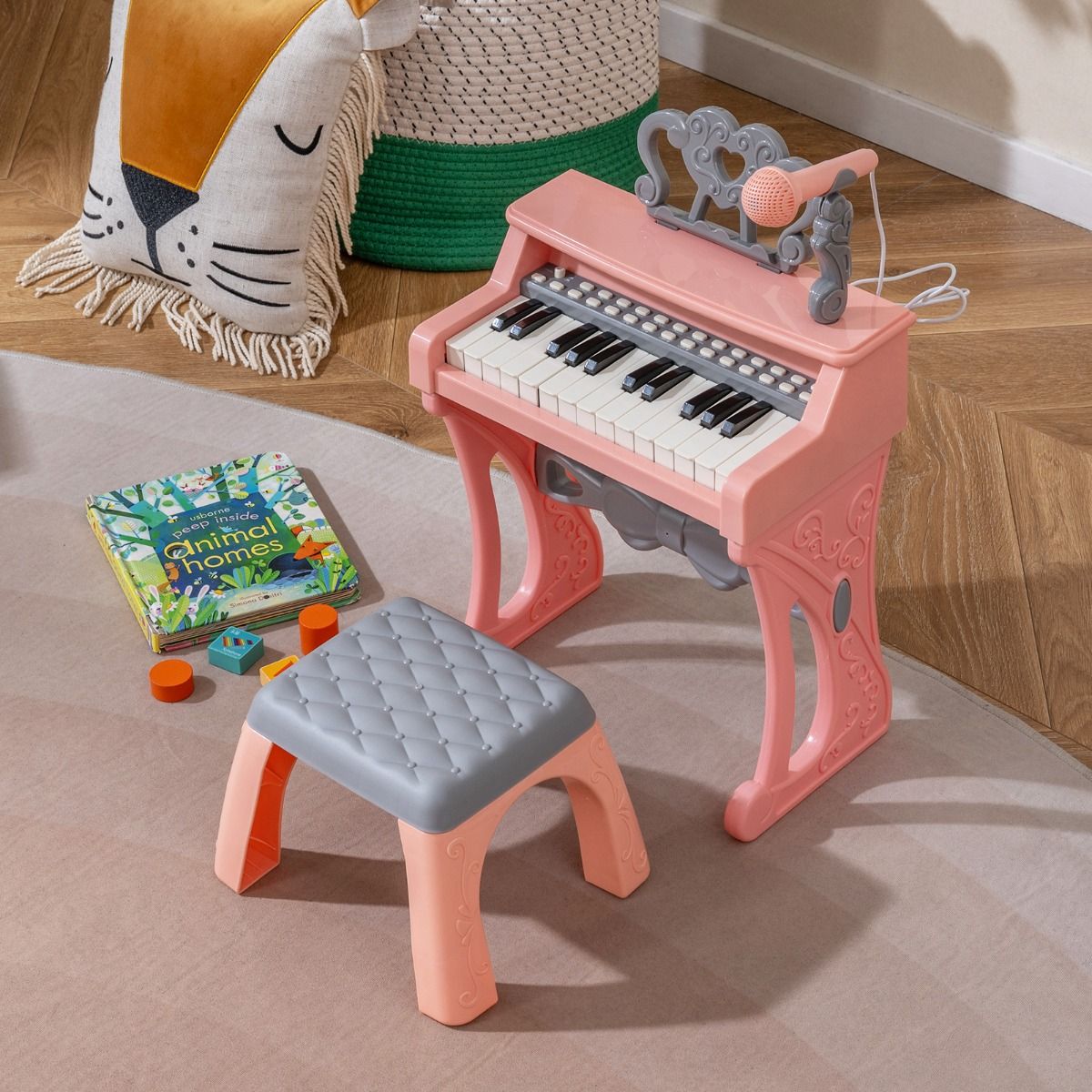 Piano-clavier pour enfants Coast - 25 touches - avec tabouret, pupitre et micro - rose et gris