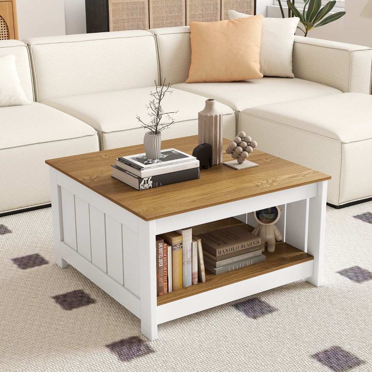 Lot de 2 tables basses Coast - 2 niveaux - avec espace de rangement - naturel et blanc
