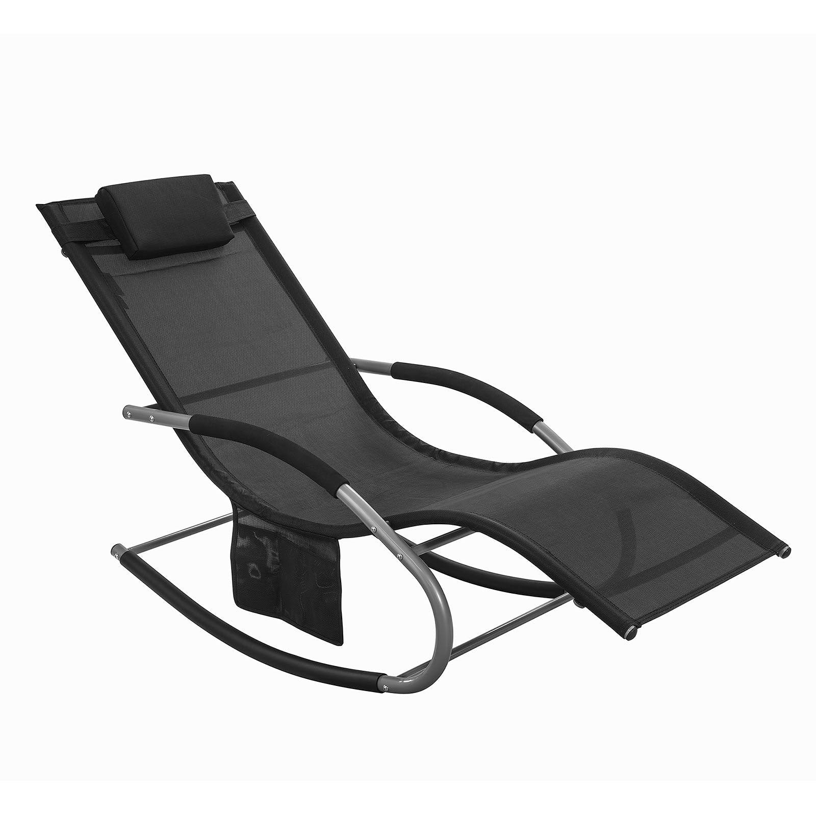 Chaise longue à bascule SoBuy - Avec coussin - Cadre métal - Résistante aux intempéries -  Capacité 120 kg - Max. 150 kg - Noir